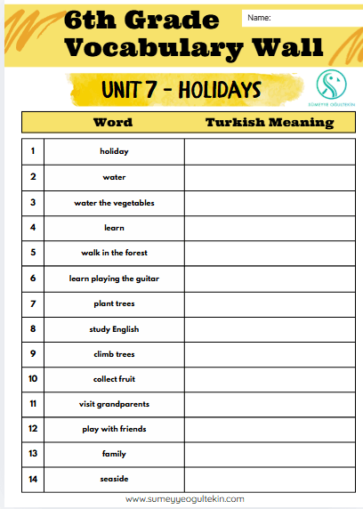 6th Grade - UNIT 7 Vocabulary Exercise English-Turkish